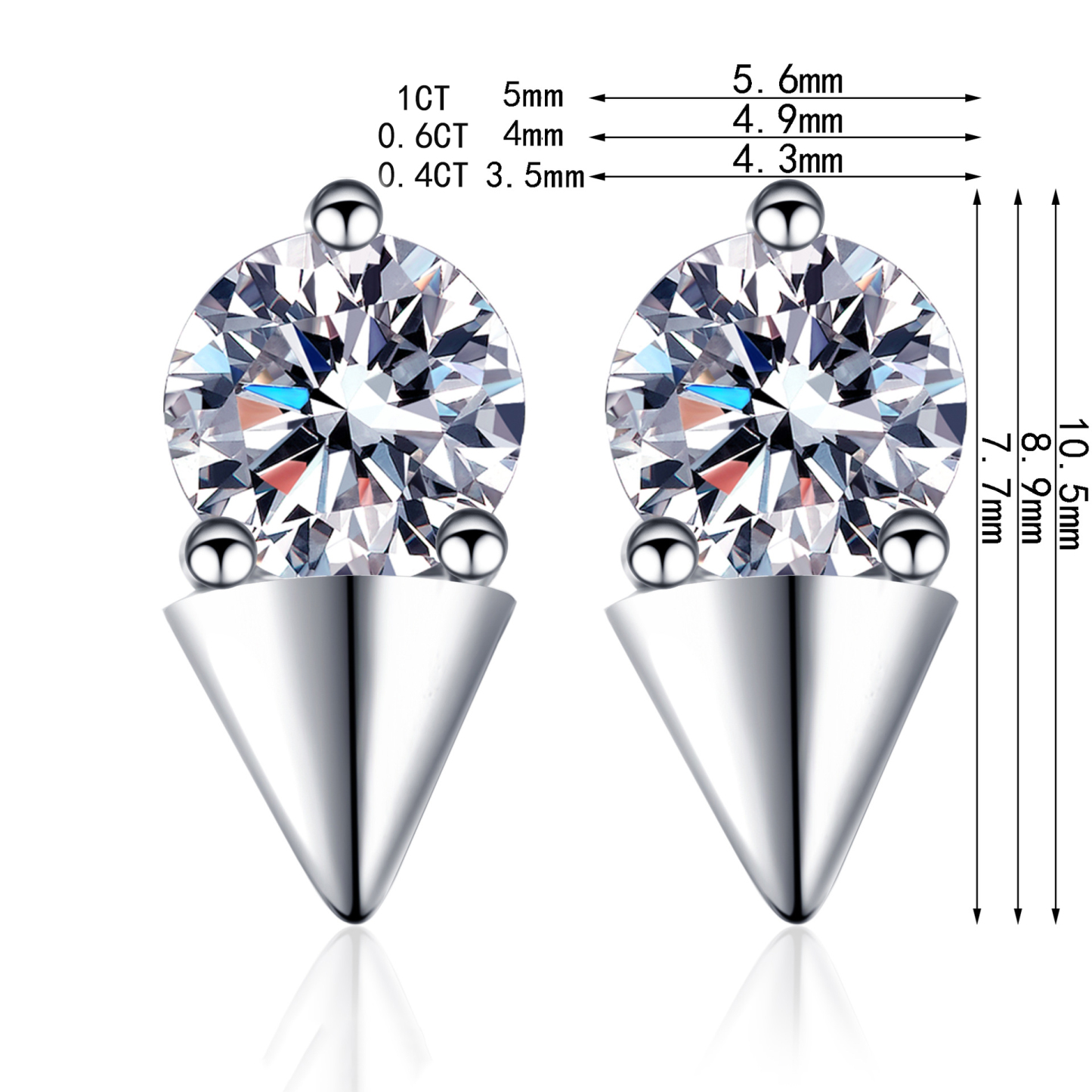 Bold&Chice 0.4/0.6/1CT Round Moissanite Cone Stud Earrings, Edgy Statement Stud Earrings, Triangle Base S925 Silver Lab Created Diamond Earrings for Women
