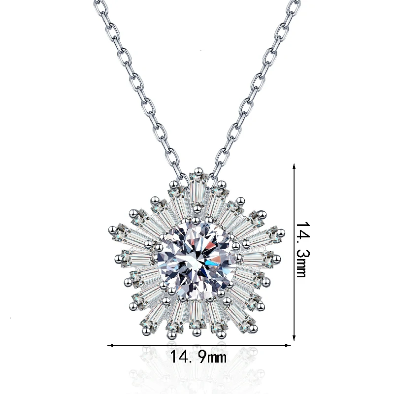 Bold&Chice Gorgeous Sunflower Baguette Moissanite Necklace, S925 Silver Lab Created Diamond, Shiny Floral Statement Necklace for Her