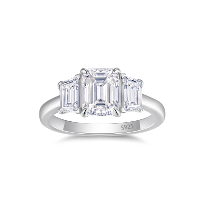 Bold&Chice Emerald Cut Moissanite Ring, 3CT Three Stone Ring, Lab Created Engagement Ring，S925 Silver Promise Ring for Women