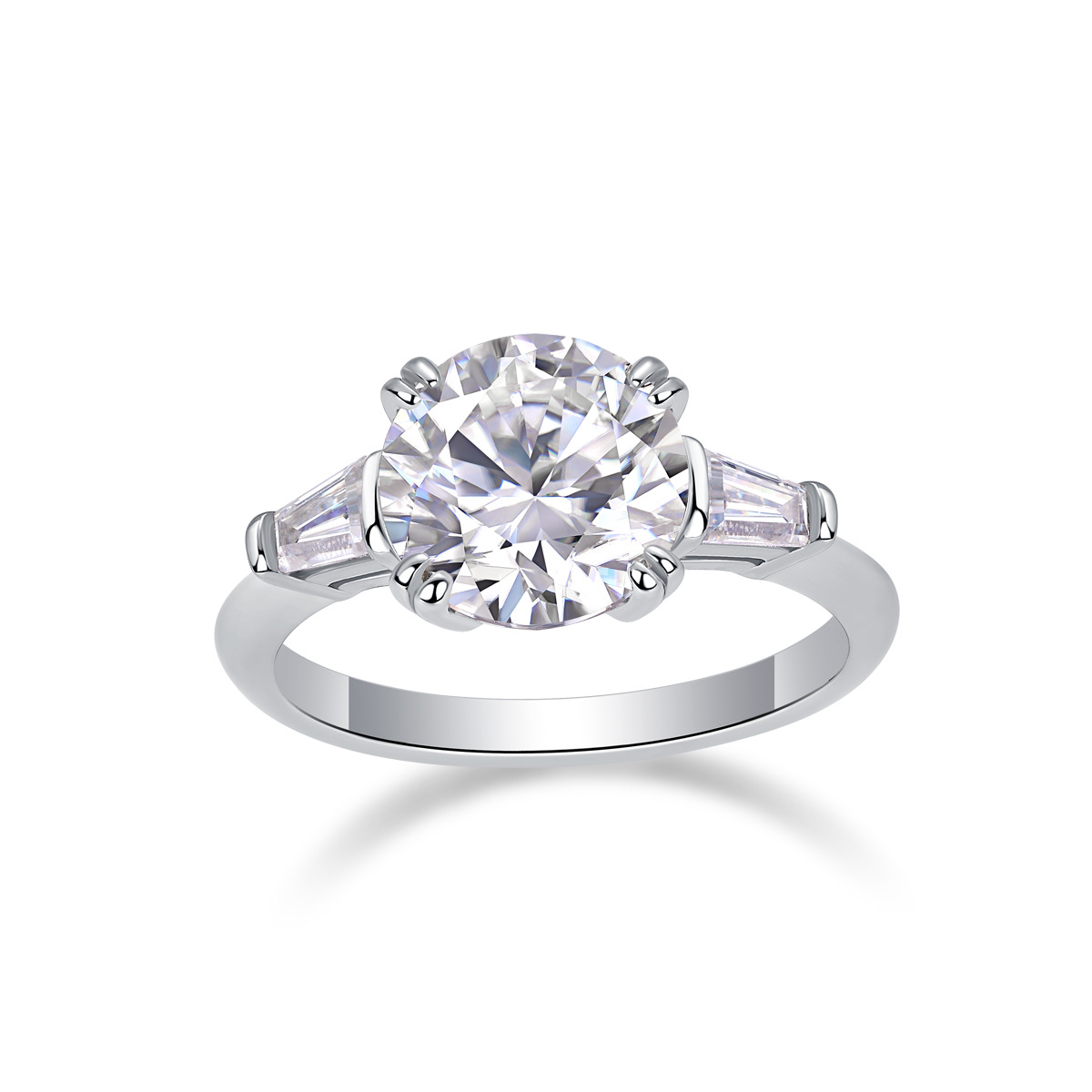Bold&Chice 3CT Round Moissanite Engagement Ring, Three Stone Baguette Accents, S925 Silver Lab Created Diamond Promise Ring for Women