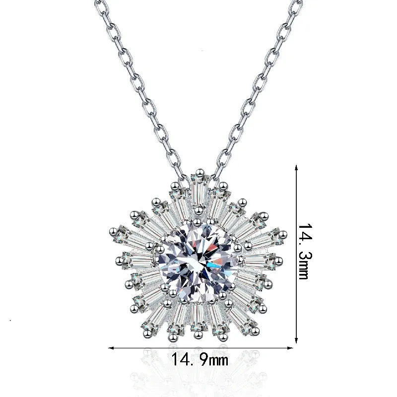 Bold&Chice Gorgeous Sunflower Baguette Moissanite Necklace, S925 Silver Lab Created Diamond, Shiny Floral Statement Necklace for Her