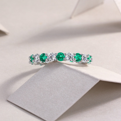 Bold&Chice Blue Sapphire & White Moissanite Eternity Band, Lab Created Diamond Alternating Ring, Unisex S925 Silver Stackable Ring