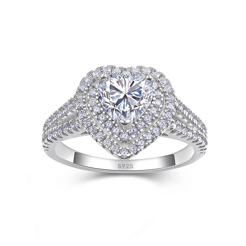 Bold&Chice 1CT Heart-Shaped Moissanite Engagement Ring, Double Halo Pave Band, S925 Silver Lab Created Diamond Ring for Women