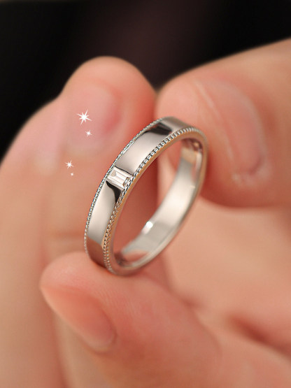 Bold&Chice Minimalist Milgrain Moissanite Wedding Band, Single Baguette Stone, Unisex S925 Silver Lab Created Diamond Ring 0.2CT