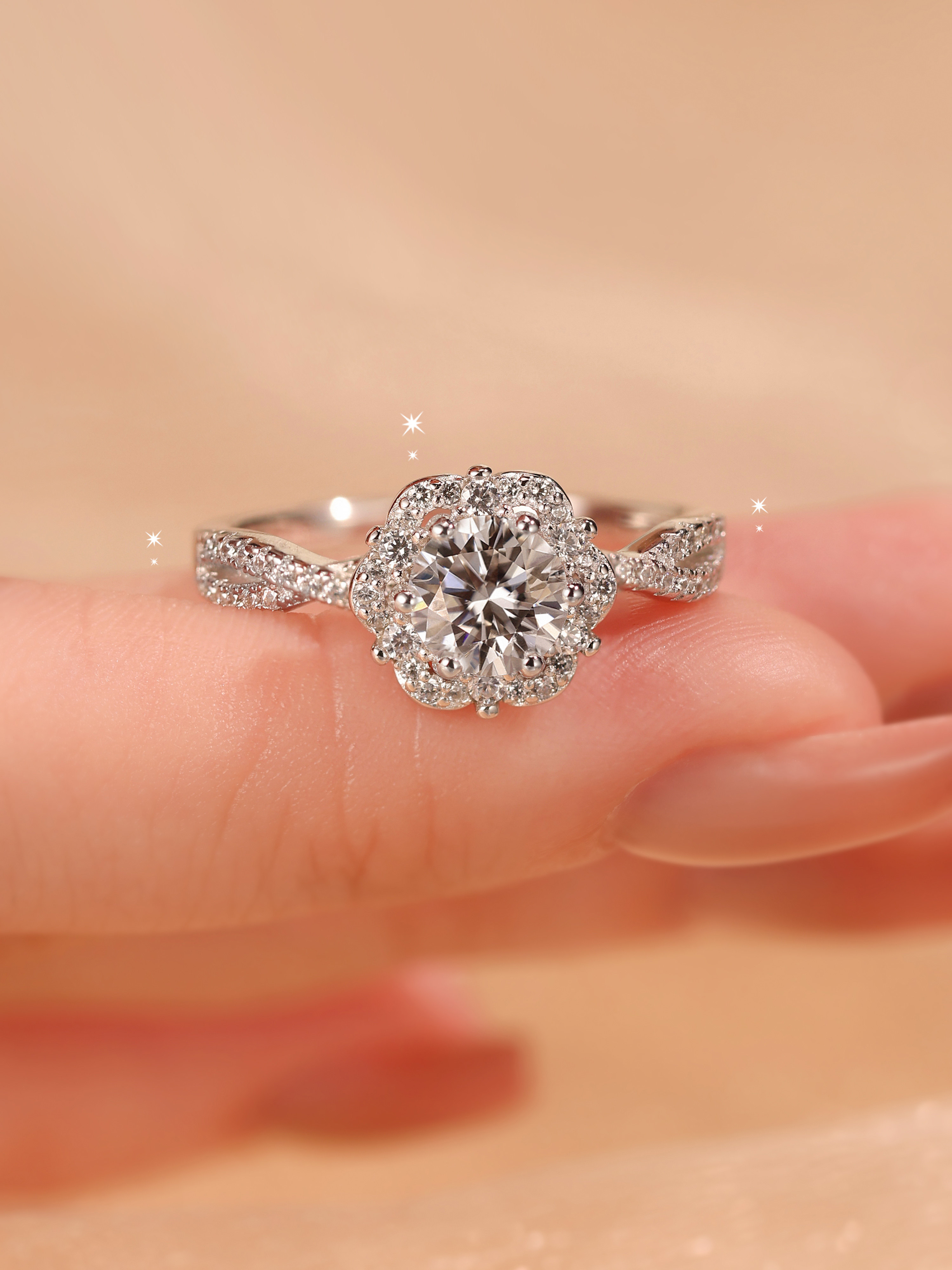 Bold&Chice Elsa Princess Moissanite Ring, Flower Design, Lab Created Engagement Ring