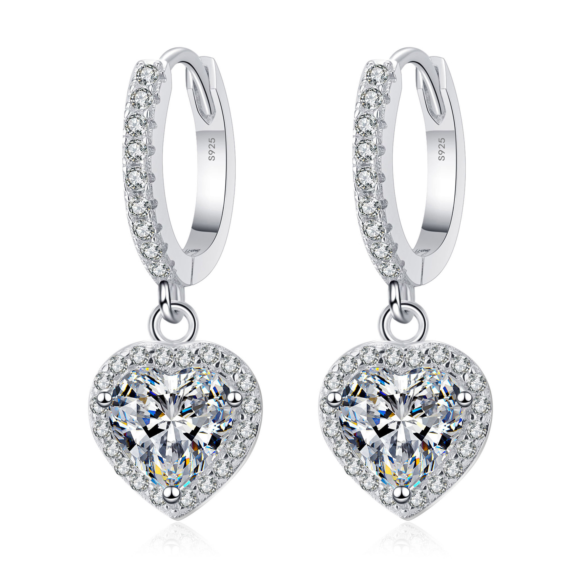 Bold&Chice 2CT Heart Shaped Halo Moissanite Drop Earrings, Lab Grown Diamond Alternative, Romantic Dangle Huggie Earrings for Her