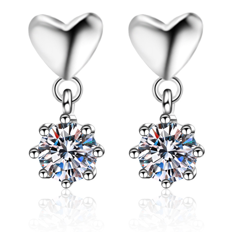 Bold&Chice Cute Heart Dangle Moissanite Earrings, S925 Silver Lab Created Diamond, Sweet Solitaire Drop Earrings for Her