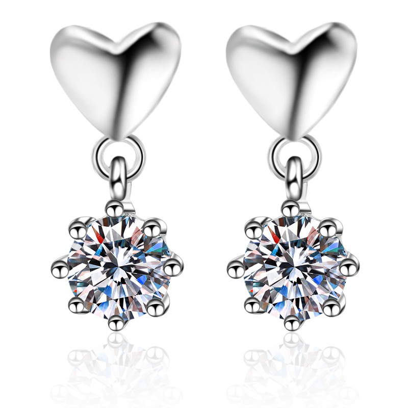 Bold&Chice Cute Heart Dangle Moissanite Earrings, S925 Silver Lab Created Diamond, Sweet Solitaire Drop Earrings for Her