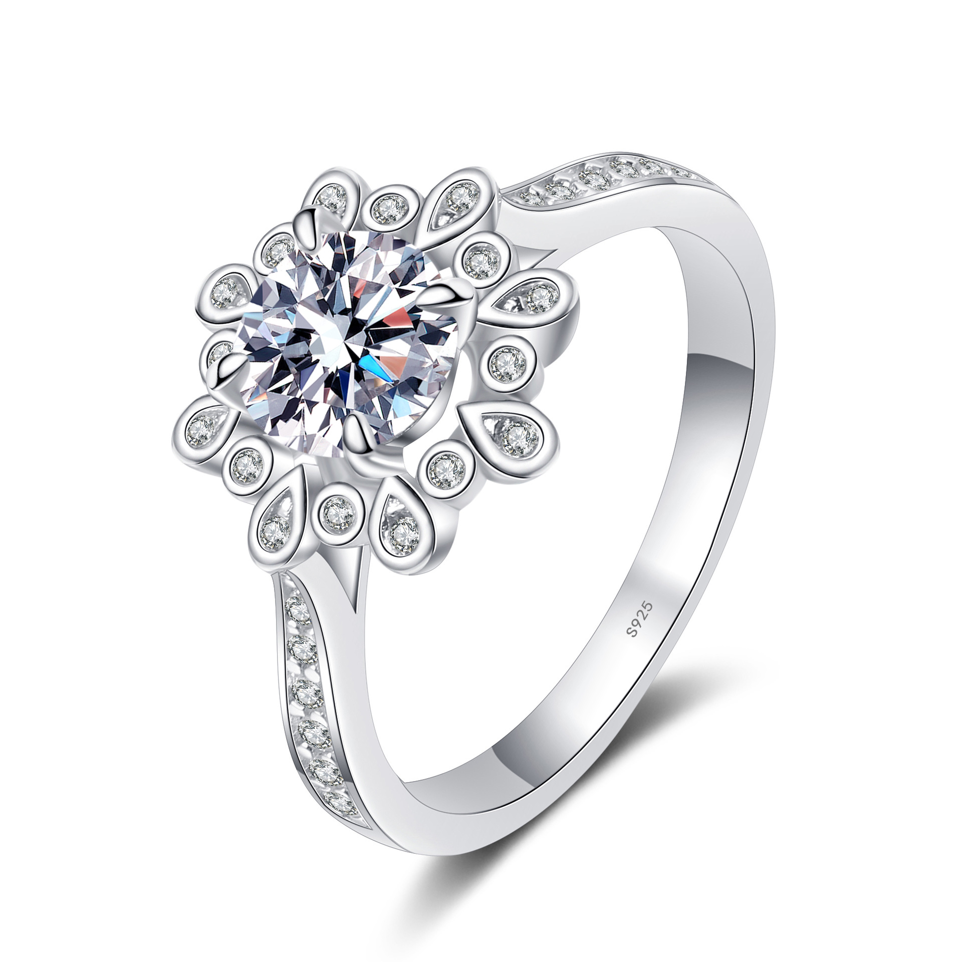 Bold&Chice 1CT Round Moissanite Floral Halo Engagement Ring, Pave Band S925 Silver Lab Created Diamond Ring for Women