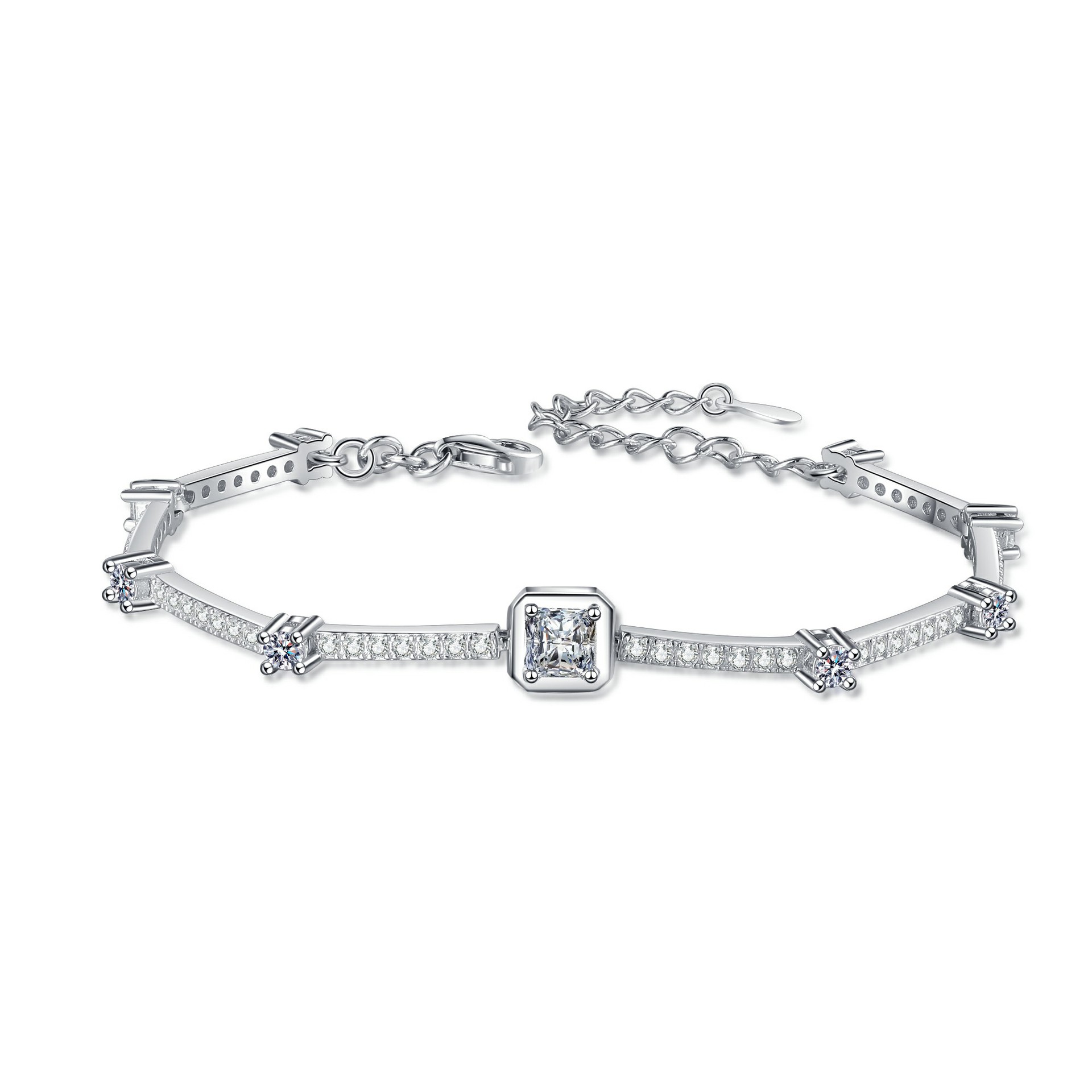 Bold&Chice 1.88CT Full Moissanite Square Bracelet, Pave Adjustable S925 Silver Lab Created Diamond Bracelet for Women