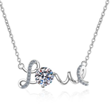Bold&Chice 1CT Round Moissanite LOVE Pendant Necklace, Pave Cursive S925 Silver Lab Created Diamond Necklace for Women
