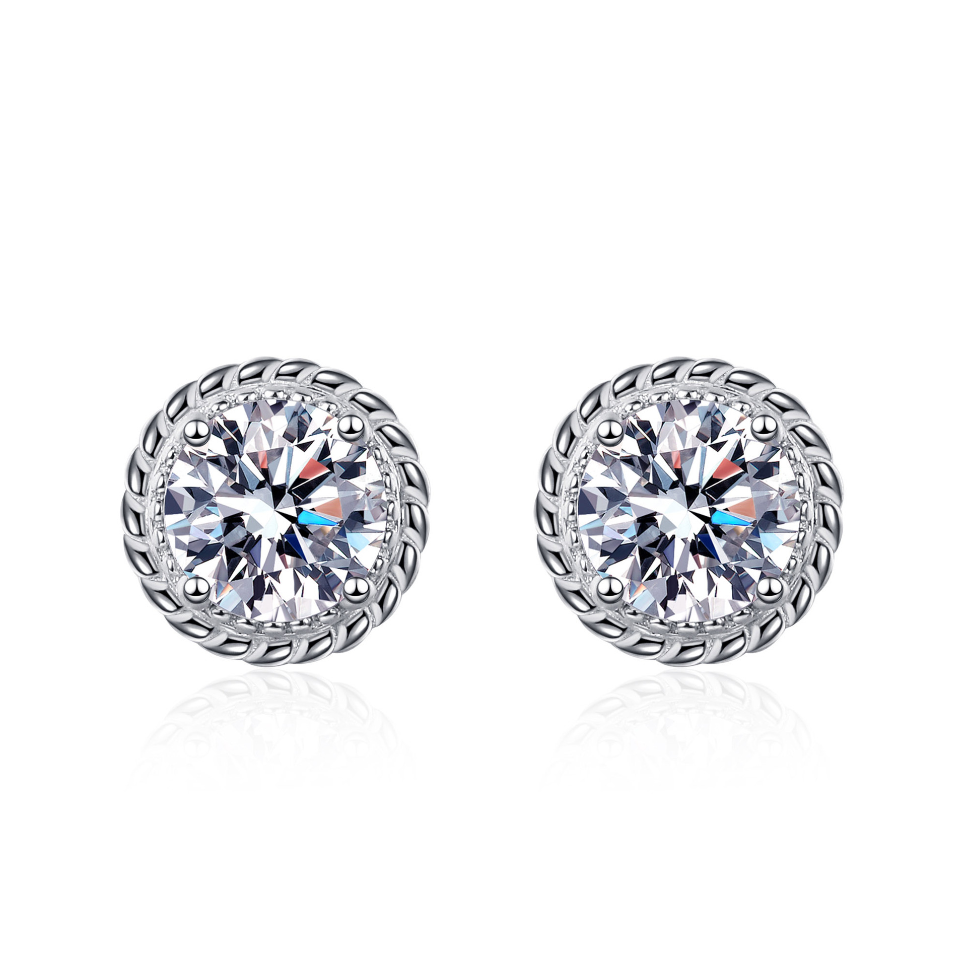 Bold&Chice 1CT/2CT Round Moissanite Twist Rope Stud Earrings, Classic Milgrain Edge S925 Silver Lab Created Diamond Earrings for Women
