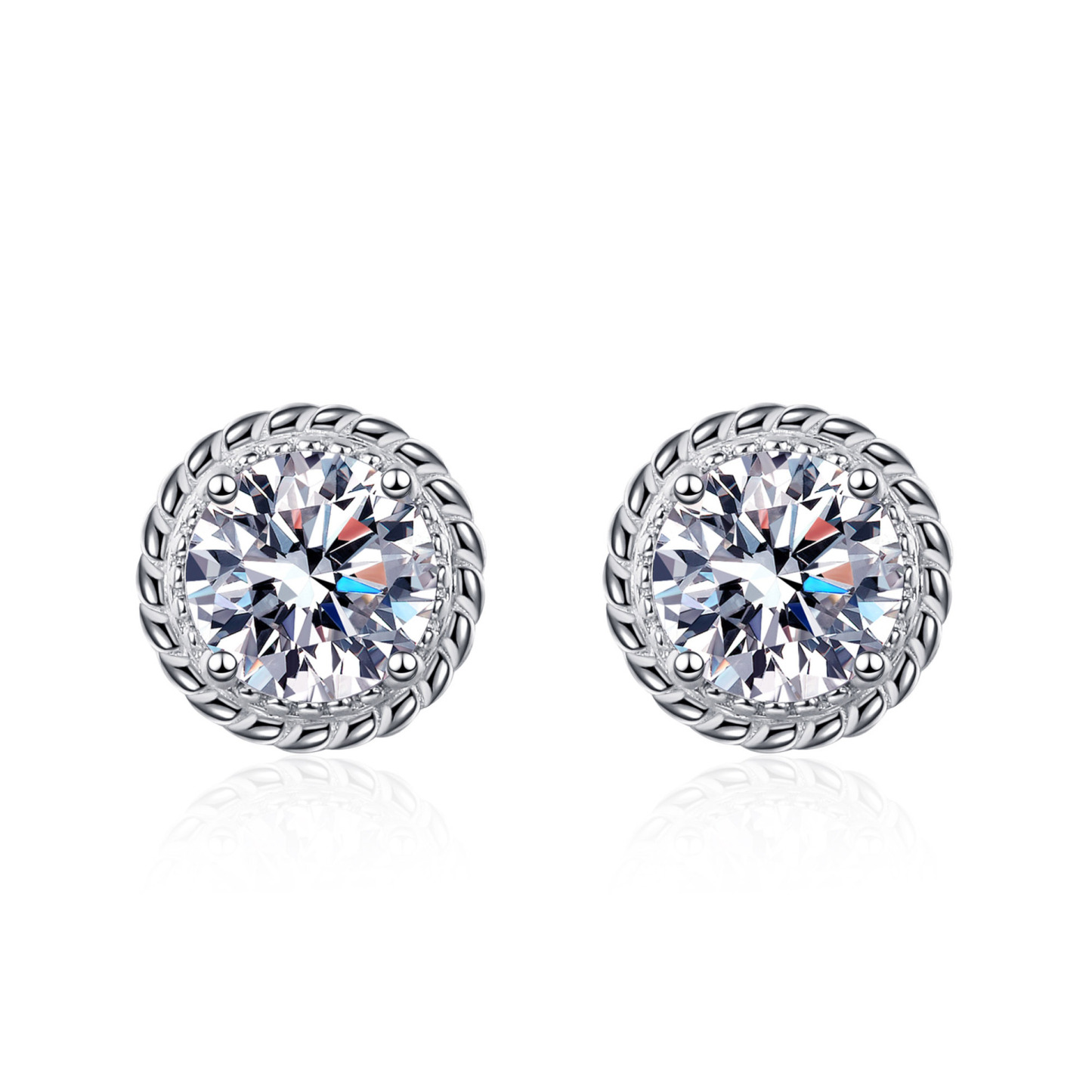 Bold&Chice 1CT/2CT Round Moissanite Twist Rope Stud Earrings, Classic Milgrain Edge S925 Silver Lab Created Diamond Earrings for Women