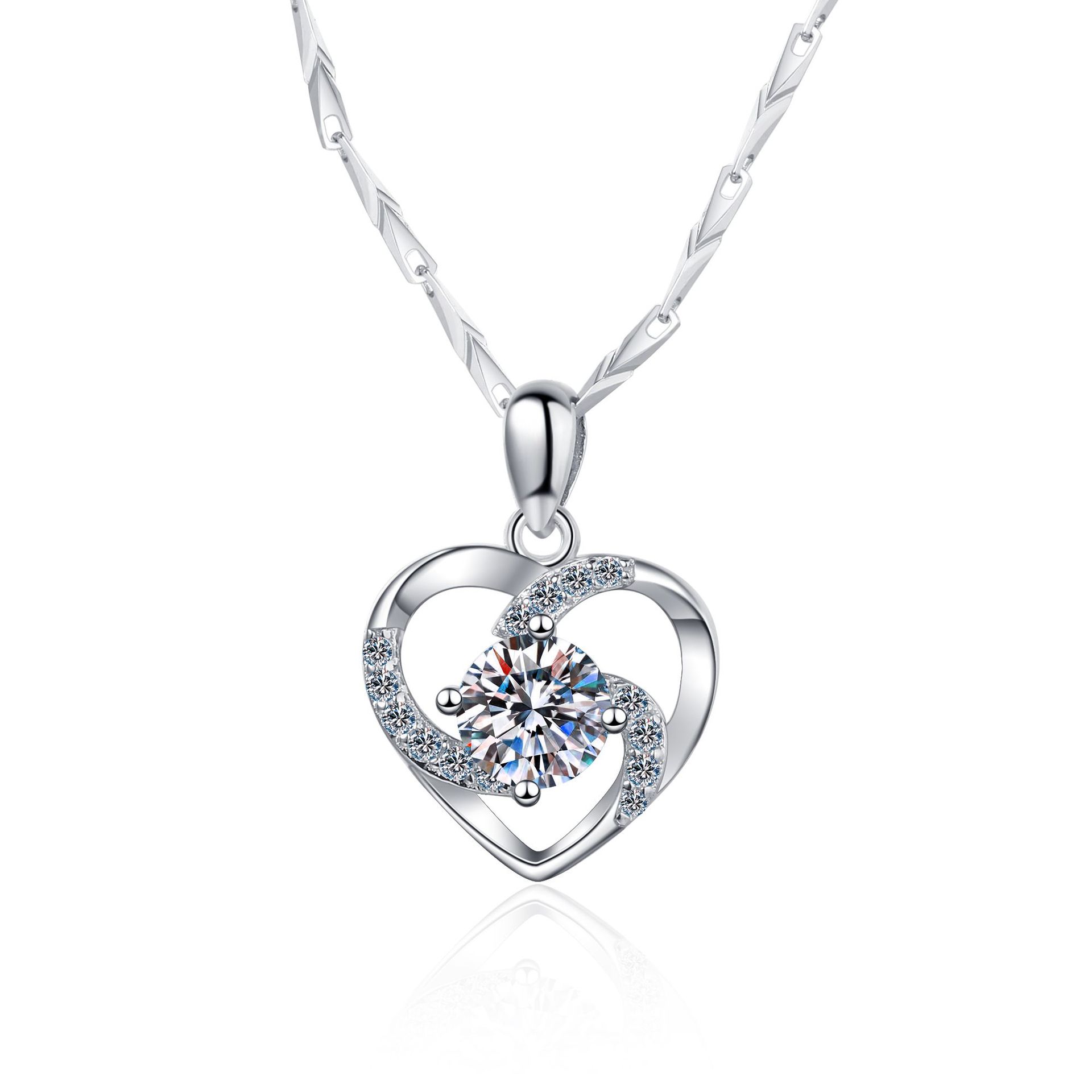 Bold&Chice 0.8CT Romantic Hollow Heart Moissanite Necklace, S925 Silver Lab Created Diamond Necklace, Elegant Twist Pendant Necklace for Her