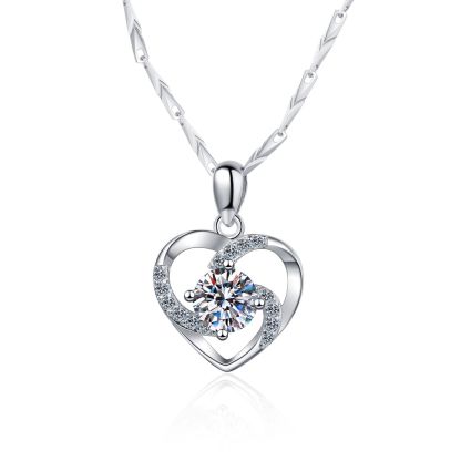 Bold&Chice 0.8CT Romantic Hollow Heart Moissanite Necklace, S925 Silver Lab Created Diamond Necklace, Elegant Twist Pendant Necklace for Her