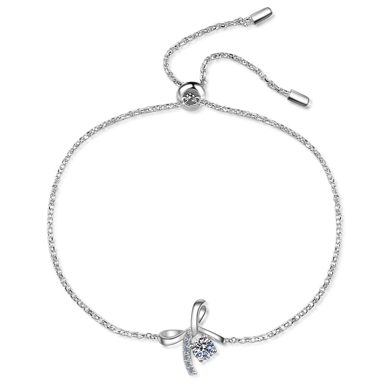 Bold&Chice 0.3CT Lovely Bow Ribbon Pave Moissanite Bracelet, S925 Silver Lab Grown Diamond, Delicate Adjustable Bracelet for Her