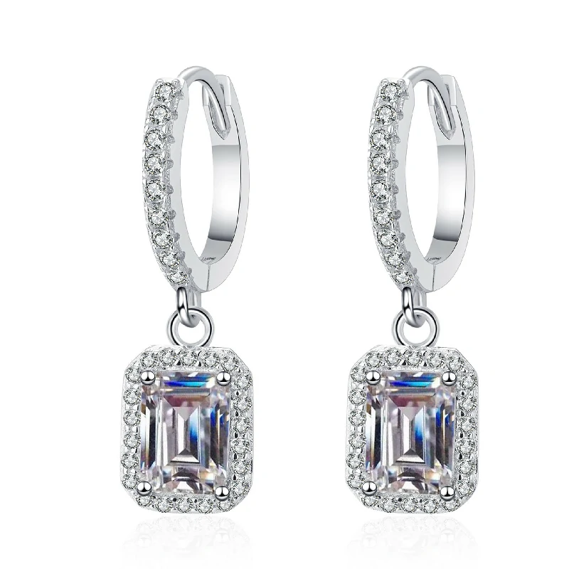 Bold&Chice 2/4CT Emerald / Radiant Cut Moissanite Drop Earrings, Baguette Huggie S925 Silver Lab Created Diamond Earrings for Women