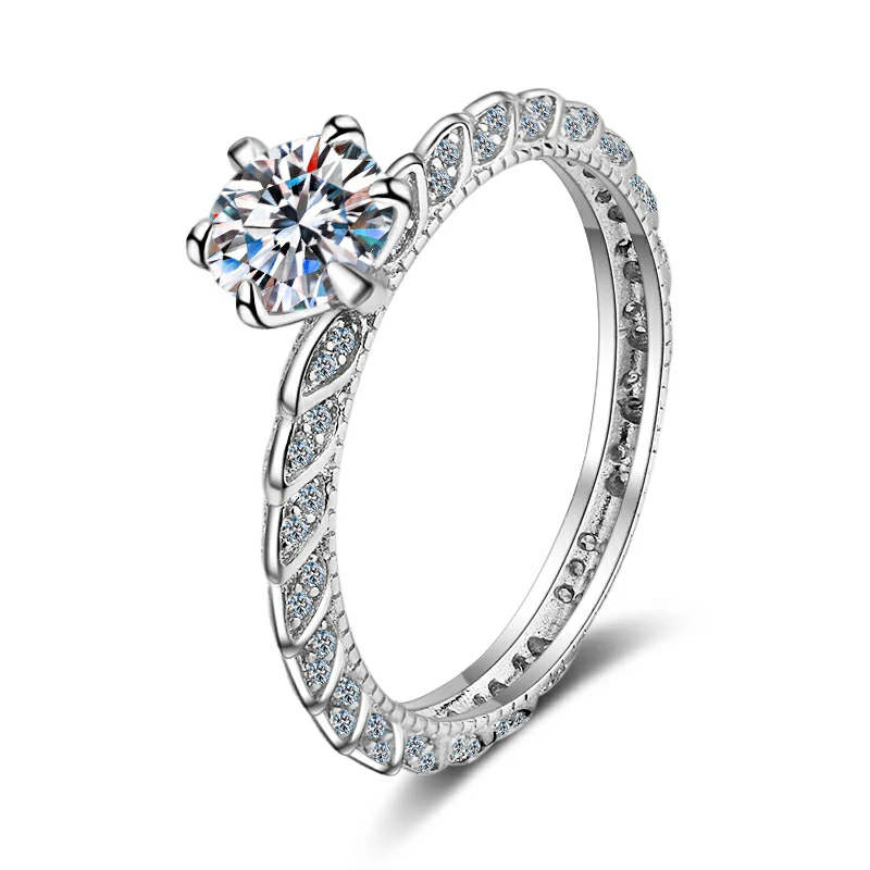 Bold&Chice 1CT Round Moissanite Crown Vine Ring, Pave Leaf S925 Silver Lab Created Diamond Ring for Women