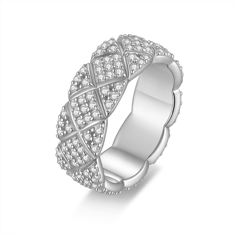 Bold&Chice Luxury Quilted Pave Moissanite Ring, S925 Silver Lab Created Diamond, Shiny Grid Statement Ring for Her