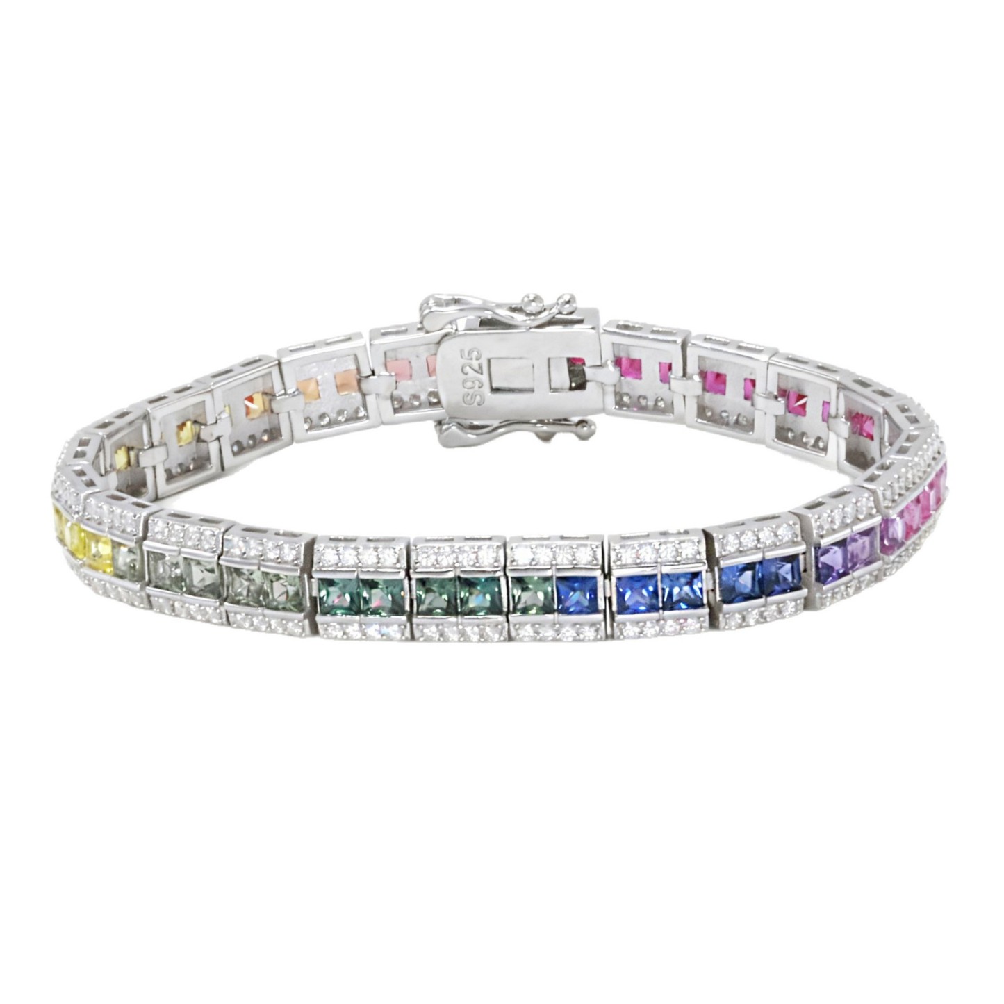 Bold&Chice Luxury Rainbow Bridge Pave Moissanite Bracelet, S925 Silver Lab Created Diamond, Shiny Multicolor Statement Bracelet for Her