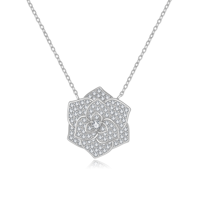 Bold&Chice Blooming Rose Pave Moissanite Pendant Necklace, S925 Silver Lab Created Diamond, Elegant Floral Statement Necklace for Her