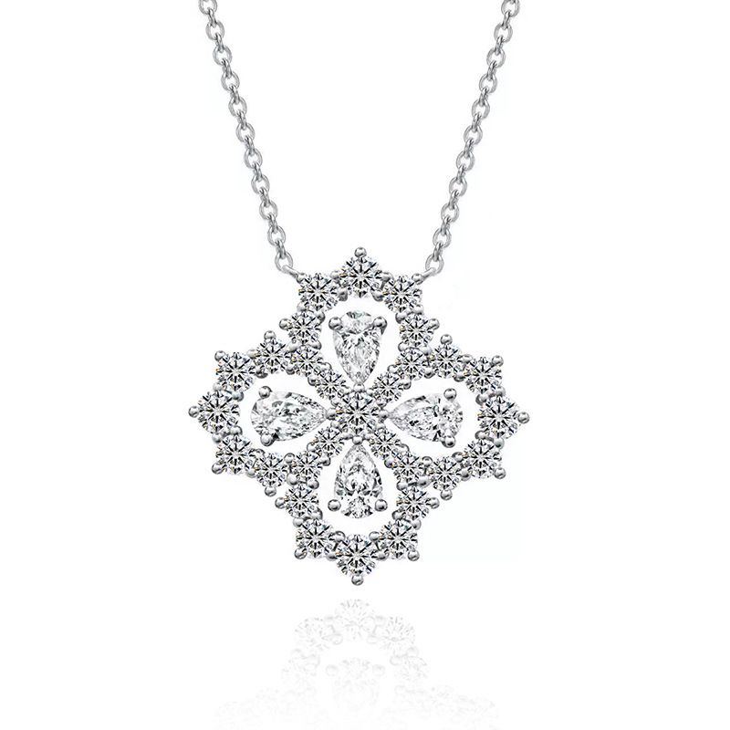 Bold&Chice Luxury Floral Cluster Moissanite Pendant Necklace, S925 Silver Lab Created Diamond, Shiny Pear & Round Statement Necklace for Her