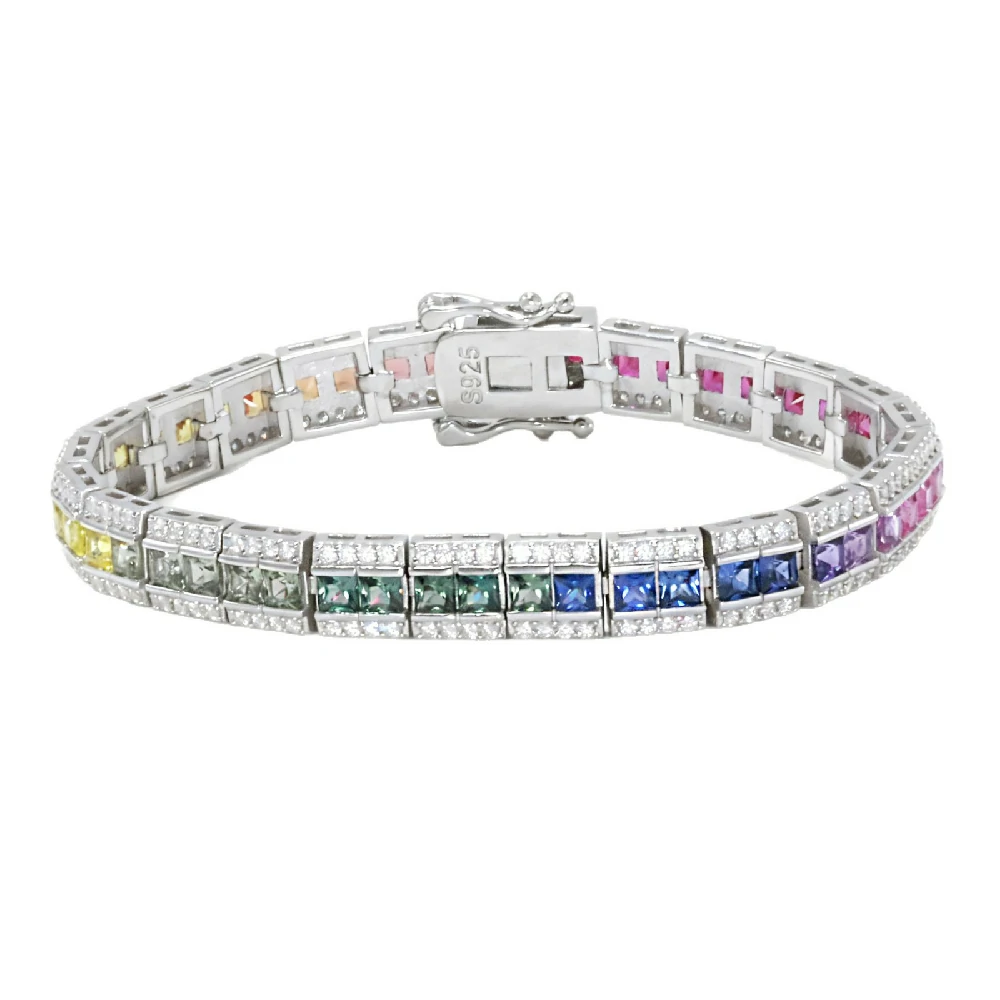 Bold&Chice Luxury Rainbow Bridge Pave Moissanite Bracelet, 18K Gold Plated S925 Silver Lab Created Diamond, Shiny Multicolor Statement Bracelet for Her