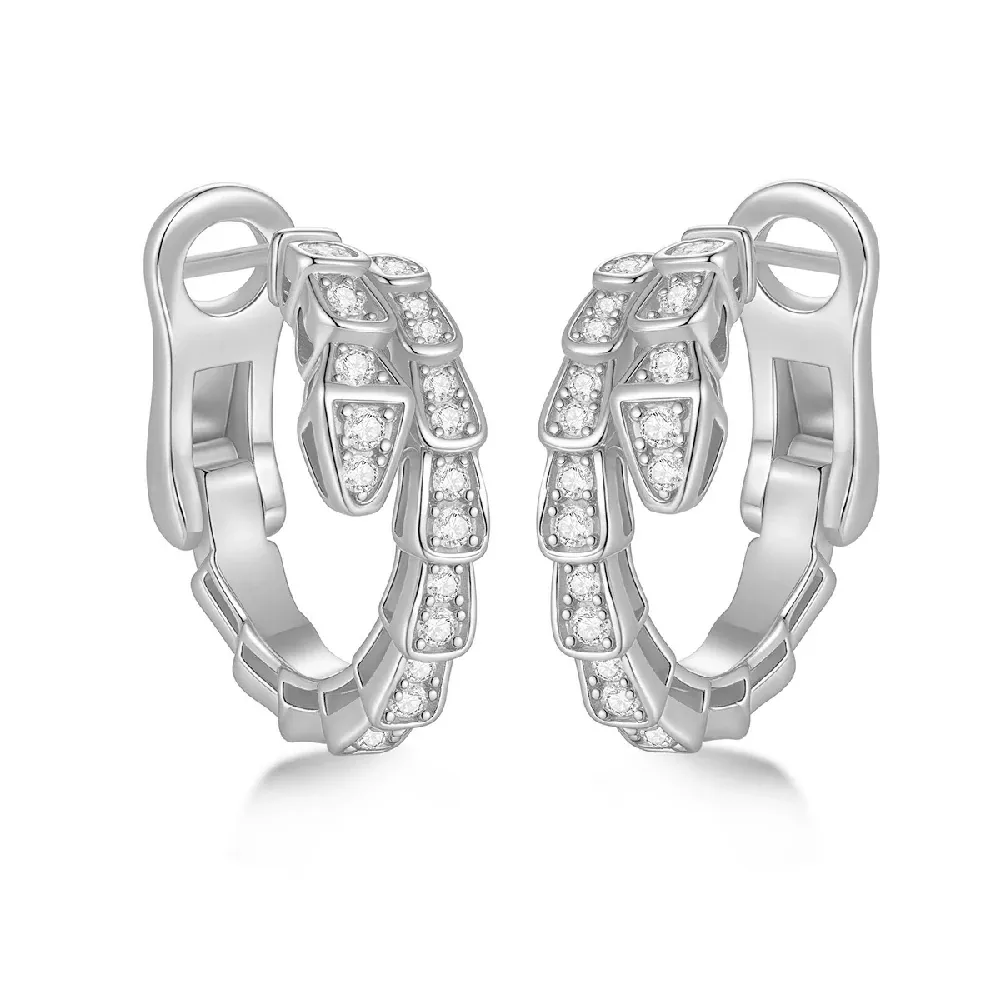 Bold&Chice Luxury Serpentine Pave Moissanite Huggie Earrings, 18K Gold Plated S925 Silver Lab Grown Diamond , Shiny Snake Statement Earrings for Her