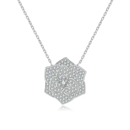 Bold&Chice Blooming Rose Pave Moissanite Pendant Necklace, 18K Gold Plated S925 Silver Lab Created Diamond, Elegant Floral Statement Necklace for Her