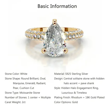 Bold&Chice 2CT Hidden Halo Moissanite Ring, 18K Gold Plated S925 Silver Lab Created Diamond, Shiny Multi-Cut Statement Ring