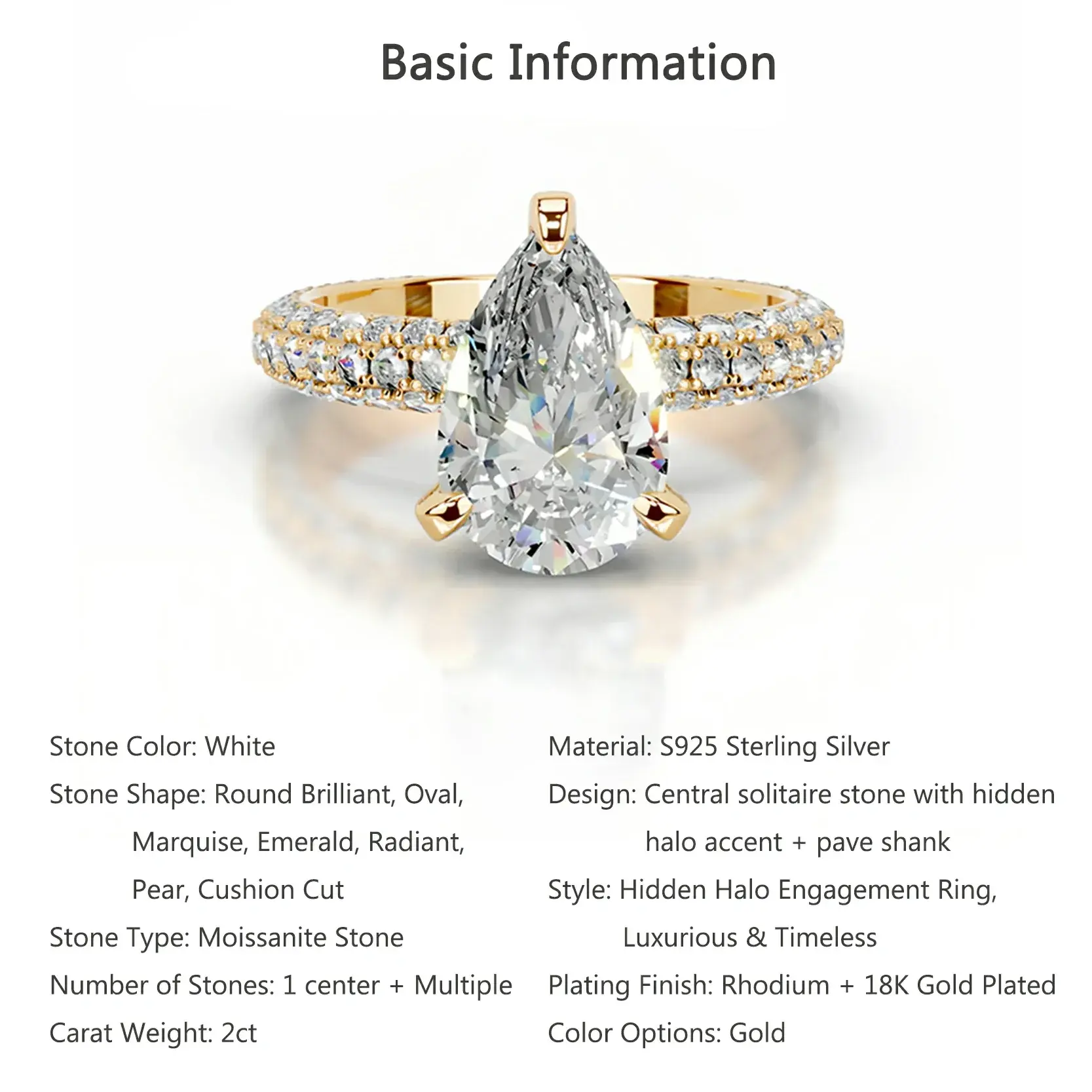 Bold&Chice 2CT Hidden Halo Moissanite Ring, 18K Gold Plated S925 Silver Lab Created Diamond, Shiny Multi-Cut Statement Ring