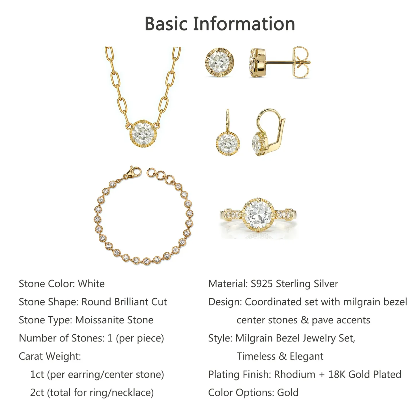 Bold&Chice 1-2CT Sunburst Bezel Moissanite Jewelry Set, 18K Gold Plated S925 Silver Lab Created Diamond, Complete Matching Statement Set  (Ring/Necklace/Earrings/Bracelet)