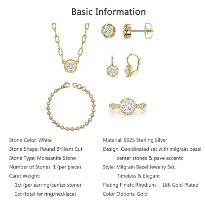 Bold&Chice 1-2CT Sunburst Bezel Moissanite Jewelry Set, 18K Gold Plated S925 Silver Lab Created Diamond, Complete Matching Statement Set  (Ring/Necklace/Earrings/Bracelet)
