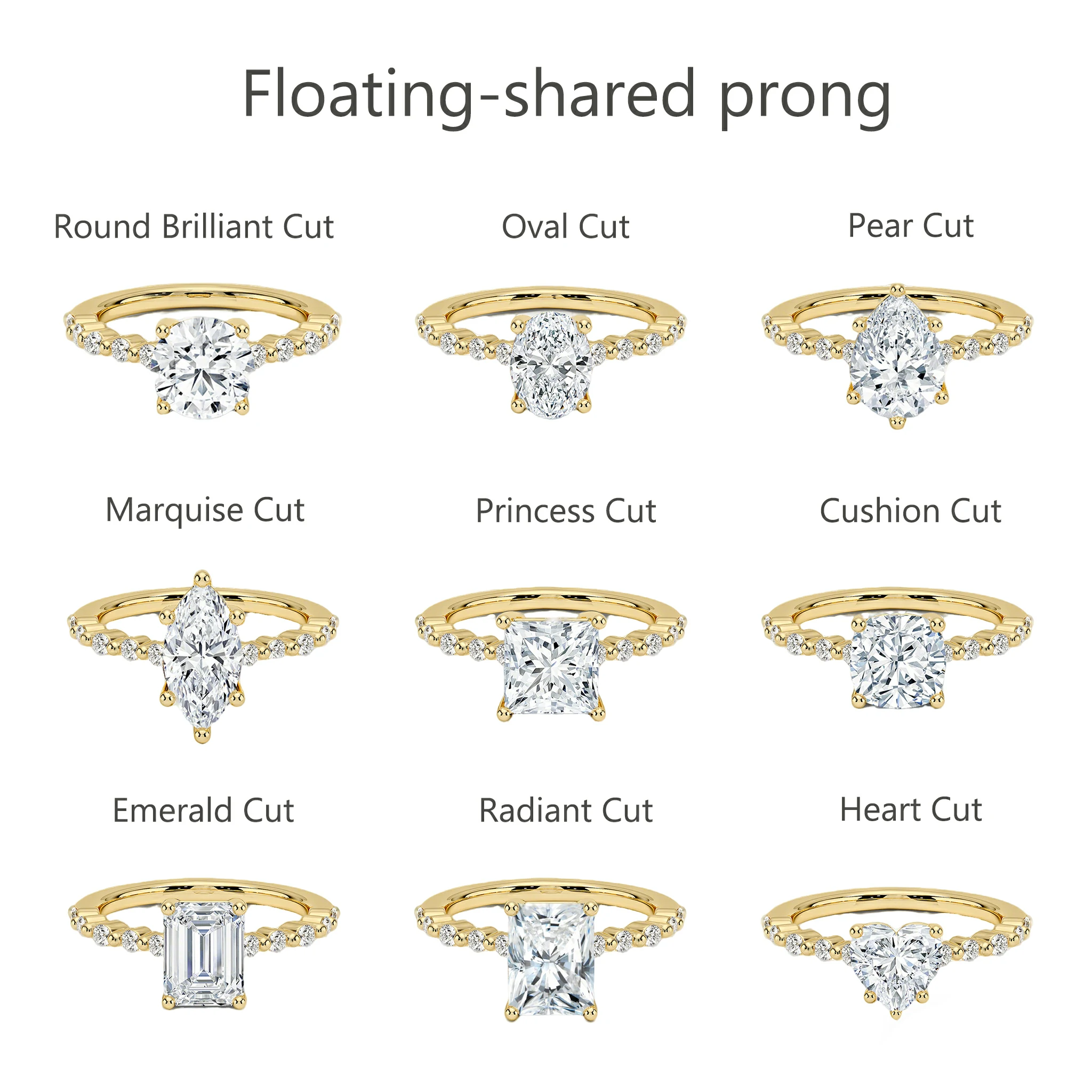 Bold&Chice 0.8-10CT Floating-Shared Prong Moissanite Ring, 18K Gold Plated S925 Silver Lab Created Diamond, Sleek Multi-Cut Statement Ring for Her