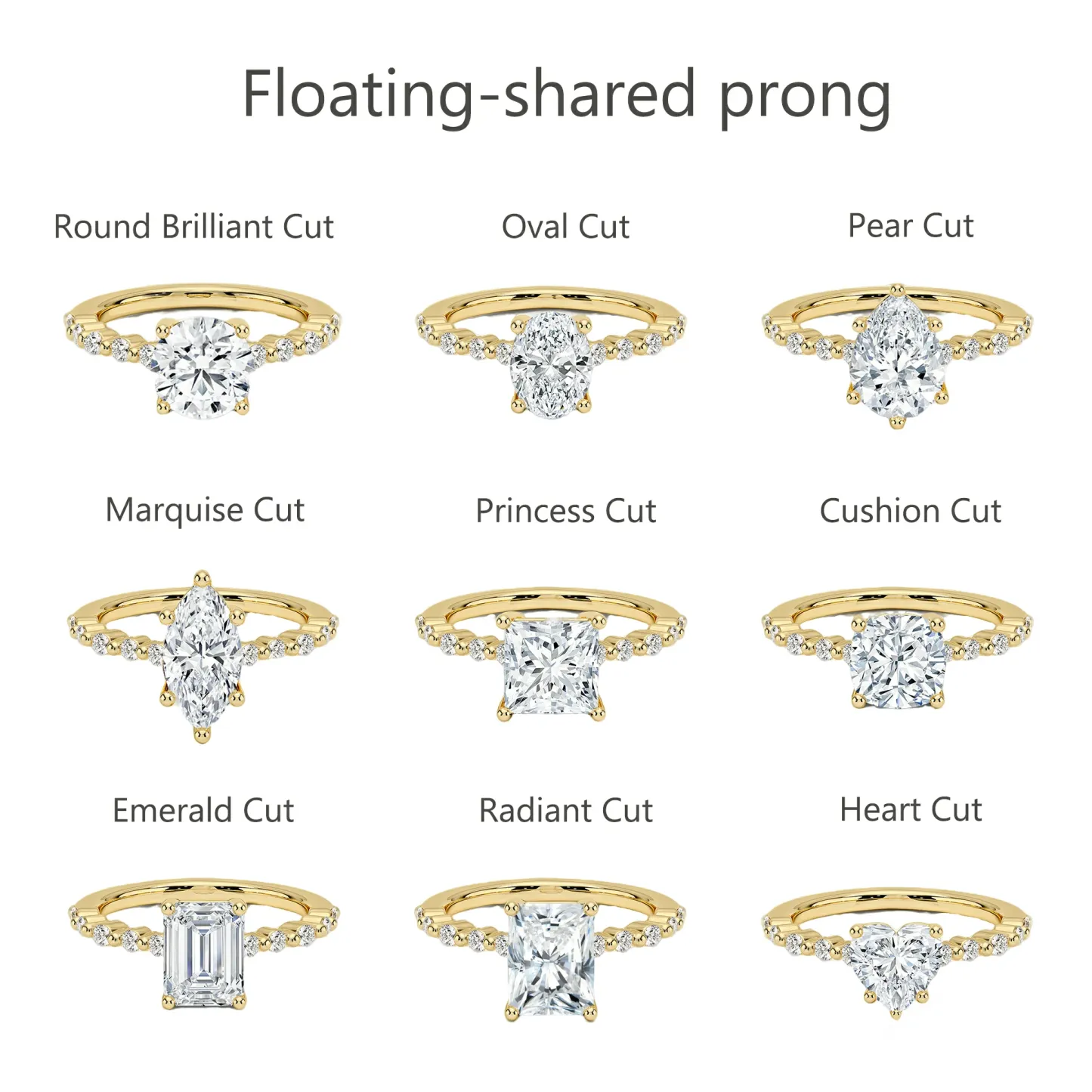 Bold&Chice 0.8-10CT Floating-Shared Prong Moissanite Ring, 18K Gold Plated S925 Silver Lab Created Diamond, Sleek Multi-Cut Statement Ring for Her