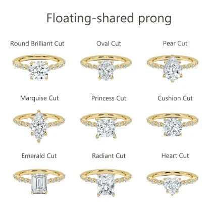 Bold&Chice 0.8-10CT Floating-Shared Prong Moissanite Ring, 18K Gold Plated S925 Silver Lab Created Diamond, Sleek Multi-Cut Statement Ring for Her