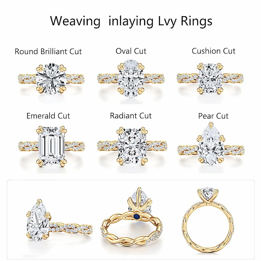 Bold&Chice 2CT Luxury Ivy Twisted Shank Moissanite Ring, 18K Gold Plated S925 Silver Lab Created Diamond, Romantic Weaving Statement Ring