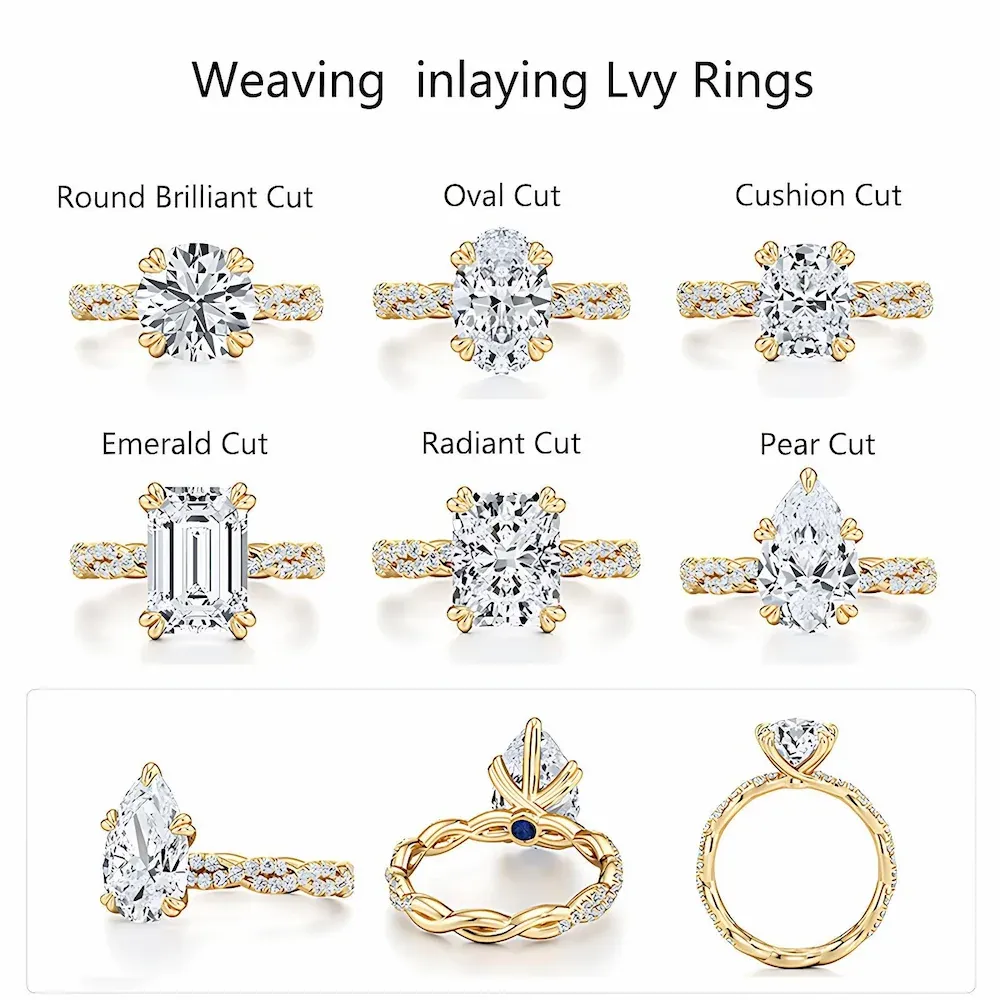 Bold&Chice 2CT Luxury Ivy Twisted Shank Moissanite Ring, 18K Gold Plated S925 Silver Lab Created Diamond, Romantic Weaving Statement Ring