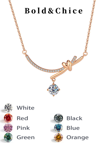 Bold&Chice Bow Knot Moissanite Necklace, 1CT Lab Created Moissanite Pendant, Rose Gold Plated Curved Bar Necklace for Women