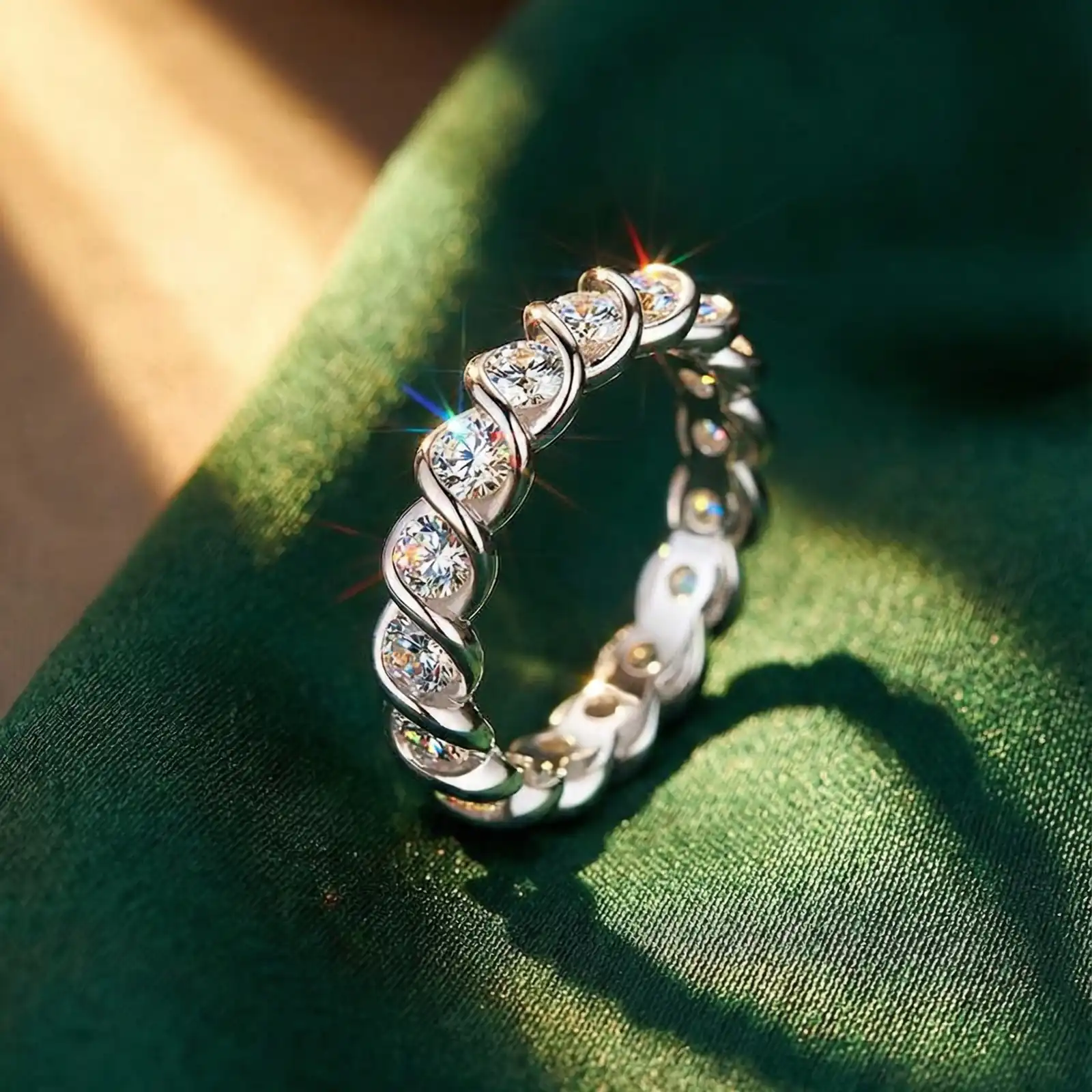 Bold&Chice 1.7CT Twisted Eternity Moissanite Ring, Round Cut Lab Created Diamond Ring, Unisex S925 Silver Pave Ring