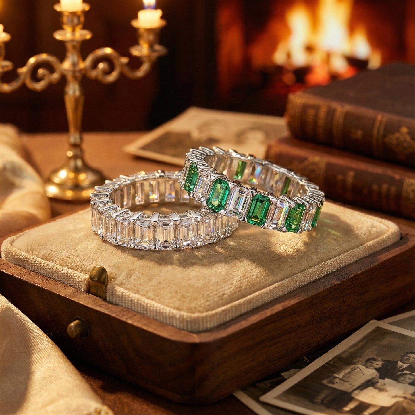 Bold&Chice Lab-Grown Moissanite Ring, Full Circle Emerald-Cut Pavé Band, Vintage Luxury Style Engagement/Wedding/Proposal Ring for Women, Dual Clear & Emerald Green Designs, S925 Silver, Mother’s Day/Valentine’s Day Gift