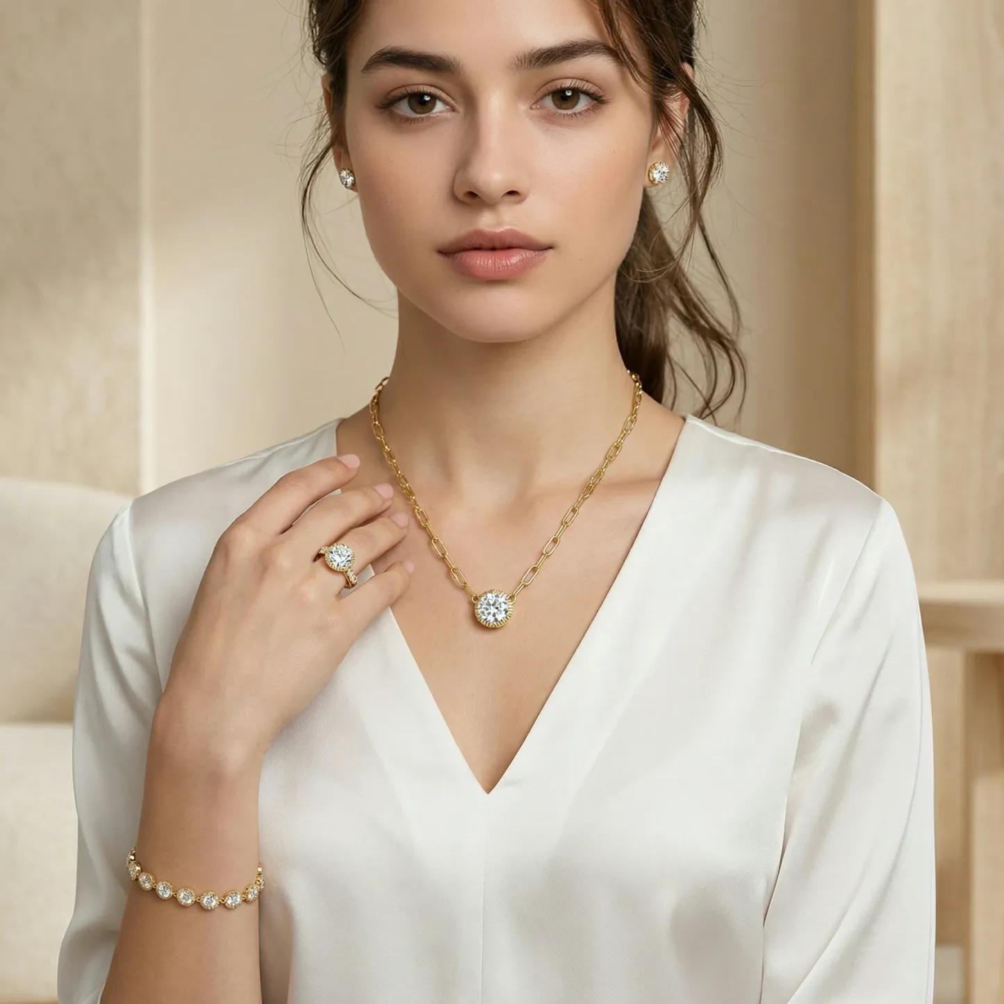 Bold&Chice 1-2CT Sunburst Bezel Moissanite Jewelry Set, 18K Gold Plated S925 Silver Lab Created Diamond, Complete Matching Statement Set  (Ring/Necklace/Earrings/Bracelet)