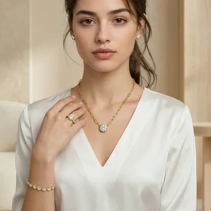 Bold&Chice 1-2CT Sunburst Bezel Moissanite Jewelry Set, 18K Gold Plated S925 Silver Lab Created Diamond, Complete Matching Statement Set  (Ring/Necklace/Earrings/Bracelet)