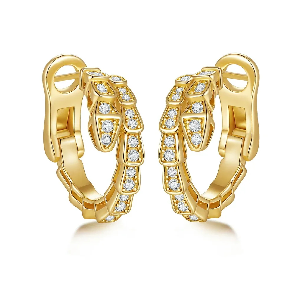 Bold&Chice Luxury Serpentine Pave Moissanite Huggie Earrings, 18K Gold Plated S925 Silver Lab Grown Diamond , Shiny Snake Statement Earrings for Her