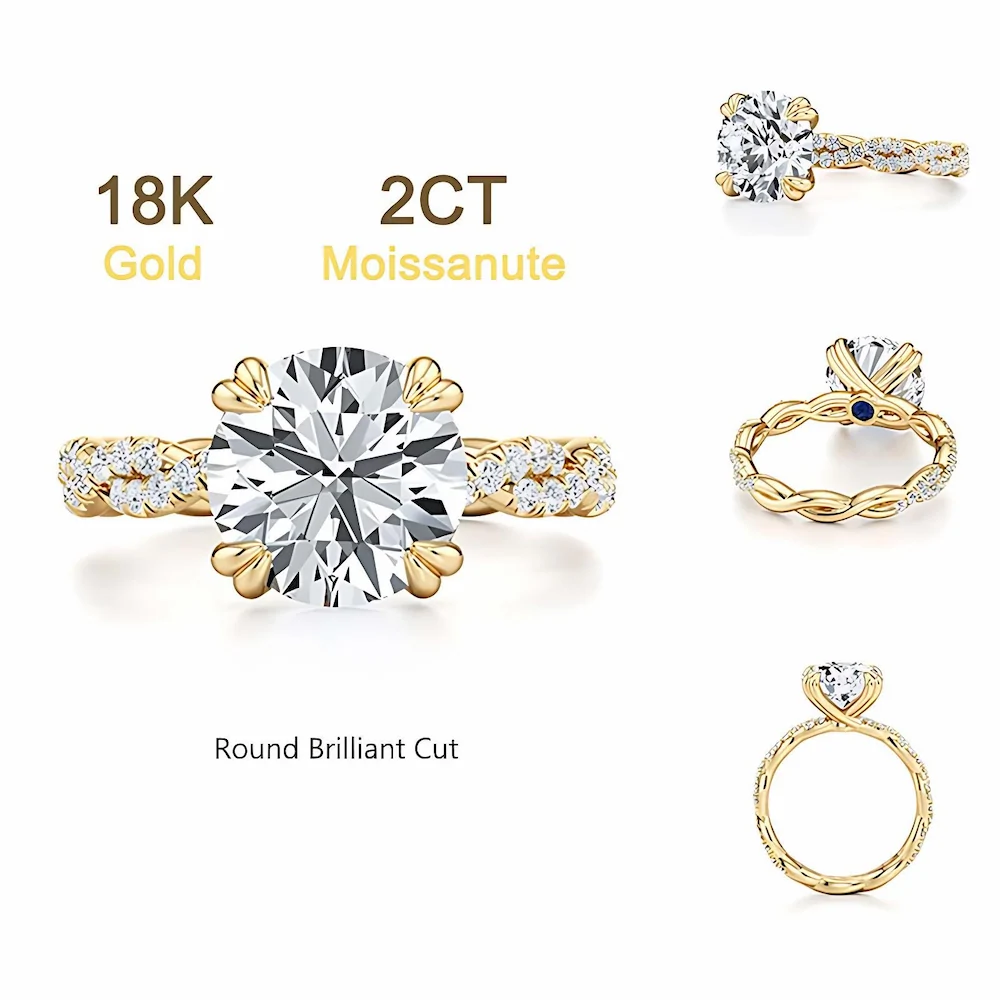 Bold&Chice 2CT Luxury Ivy Twisted Shank Moissanite Ring, 18K Gold Plated S925 Silver Lab Created Diamond, Romantic Weaving Statement Ring