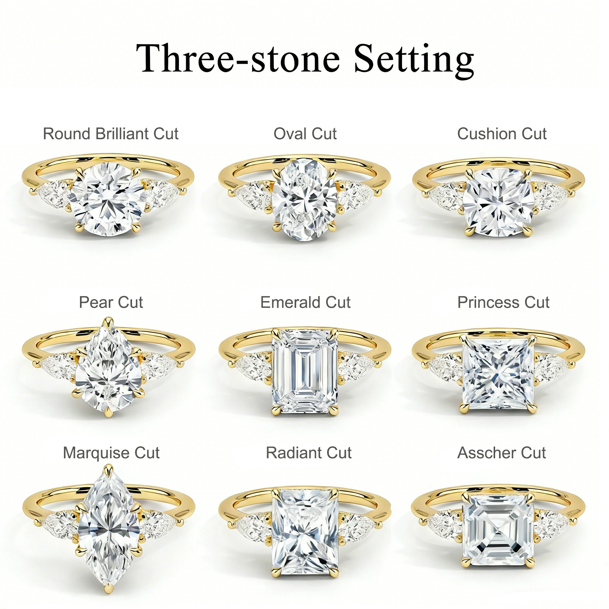 Bold&Chice 0.8-10CT Three-Stone Pear Side Moissanite Ring, 18K Gold Plated S925 Silver Lab Created Diamond, Elegant Multi-Cut Statement Ring for Her