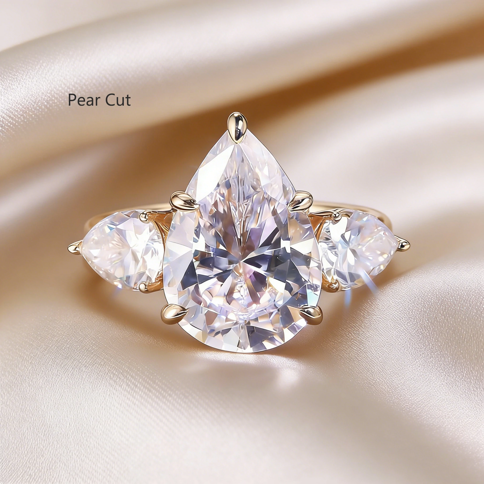 Bold&Chice 0.8-10CT Three-Stone Pear Side Moissanite Ring, 18K Gold Plated S925 Silver Lab Created Diamond, Elegant Multi-Cut Statement Ring for Her