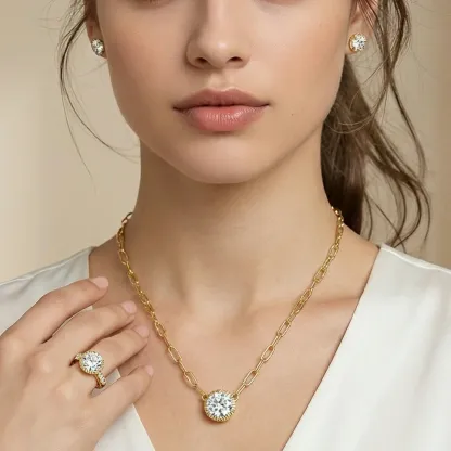 Bold&Chice 1-2CT Sunburst Bezel Moissanite Jewelry Set, 18K Gold Plated S925 Silver Lab Created Diamond, Complete Matching Statement Set  (Ring/Necklace/Earrings/Bracelet)