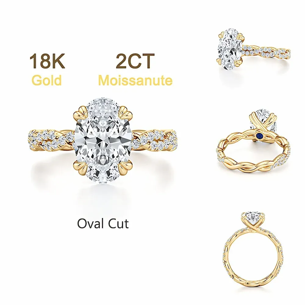 Bold&Chice 2CT Luxury Ivy Twisted Shank Moissanite Ring, 18K Gold Plated S925 Silver Lab Created Diamond, Romantic Weaving Statement Ring