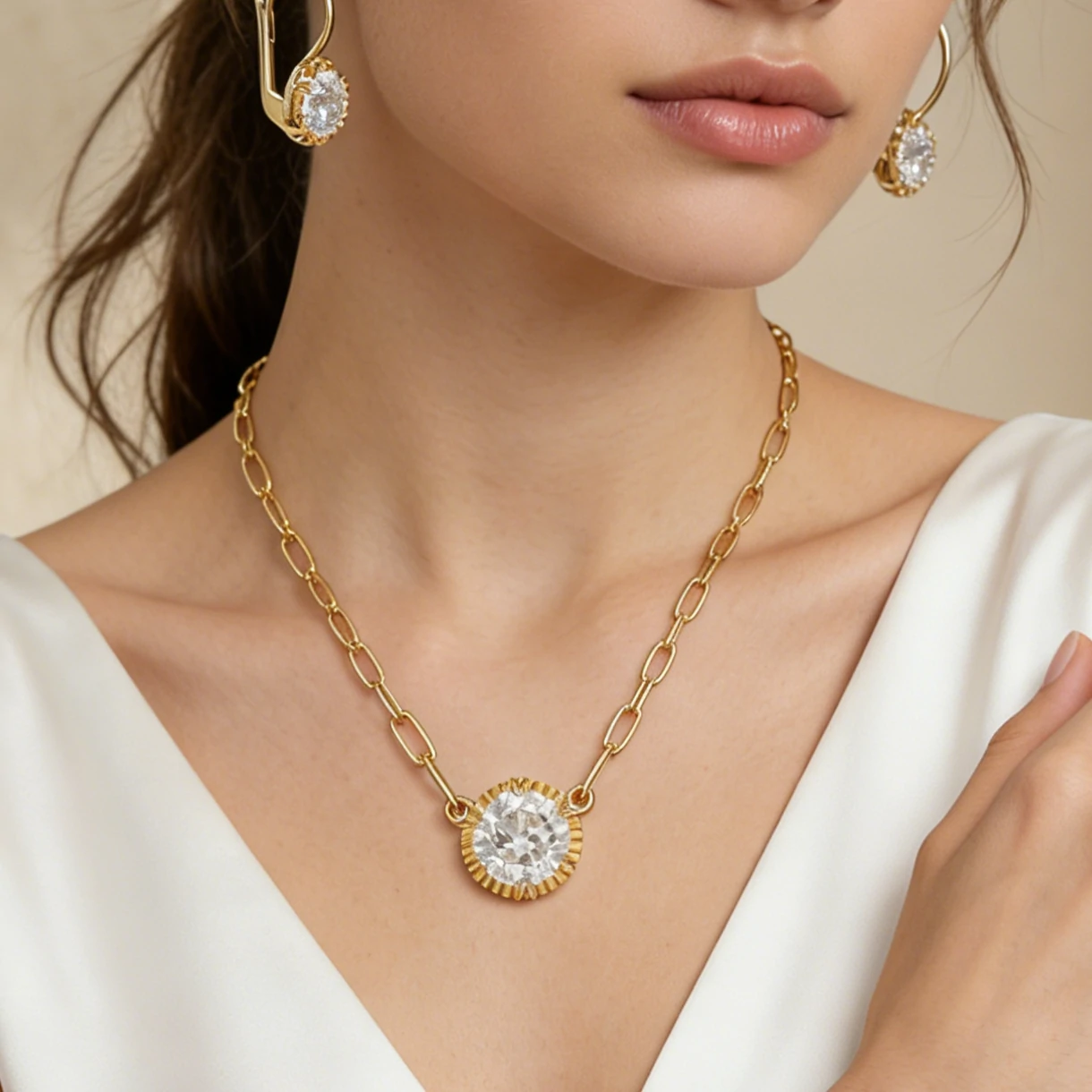 Bold&Chice 1-2CT Sunburst Bezel Moissanite Jewelry Set, 18K Gold Plated S925 Silver Lab Created Diamond, Complete Matching Statement Set  (Ring/Necklace/Earrings/Bracelet)